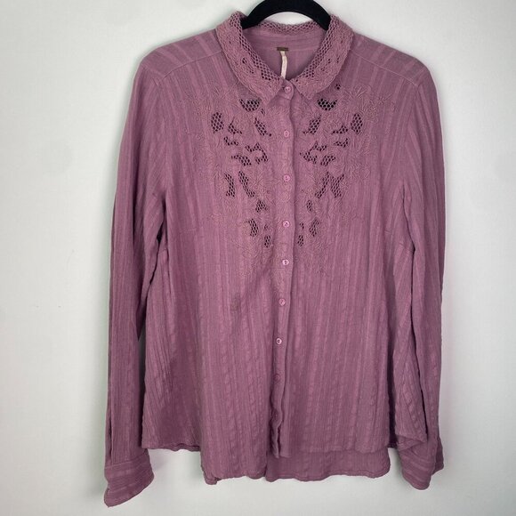 Free People Shirt Carter Dobby Cotton Button Down Purple Size M Bohemian - Picture 10 of 10